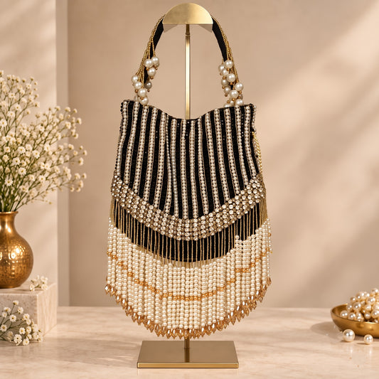 Pearl-Embellished Black Bridal Potli