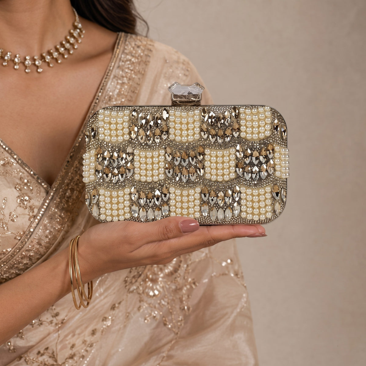 Champagne Checkerboard Pearl Clutch