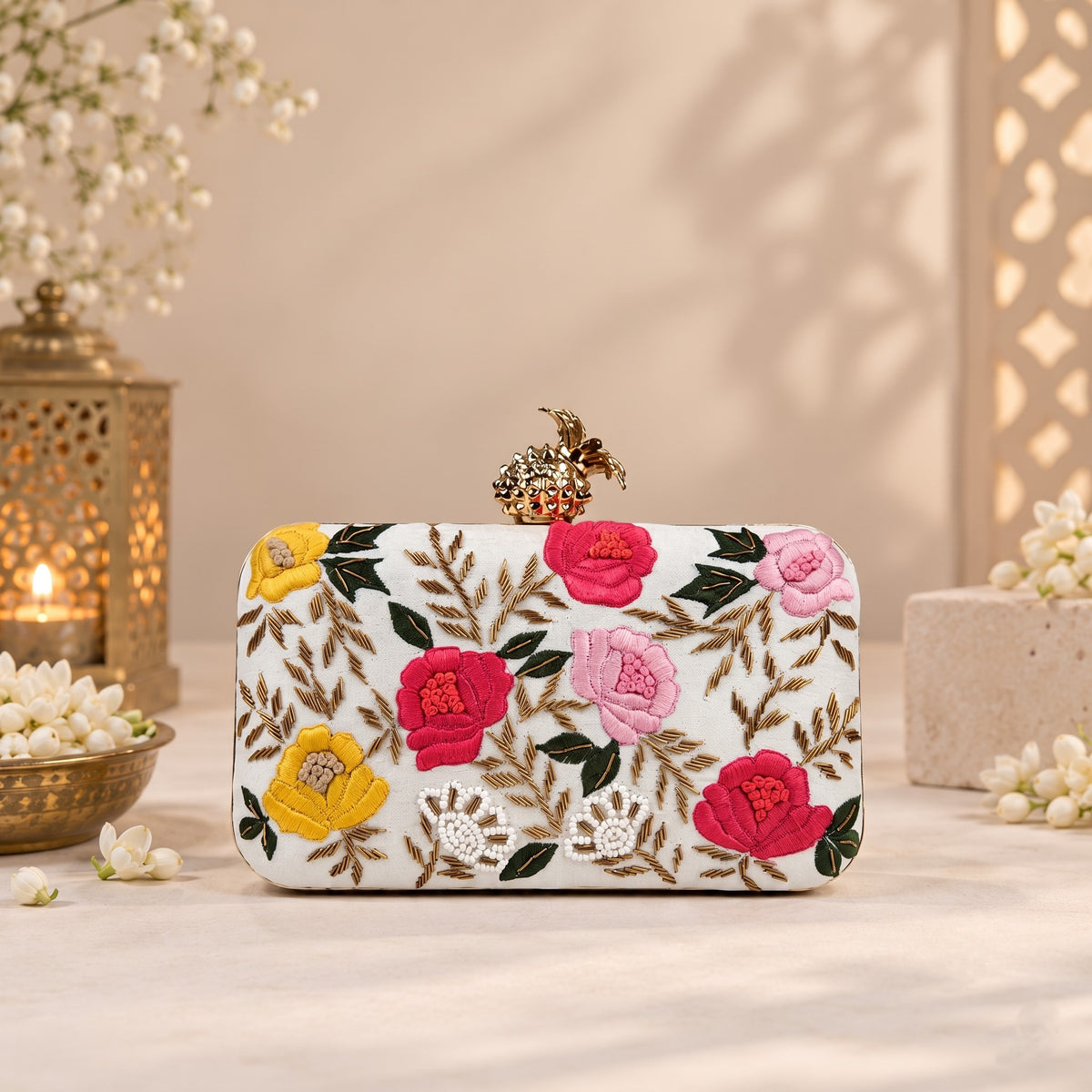 White Embroidered Floral Clutch