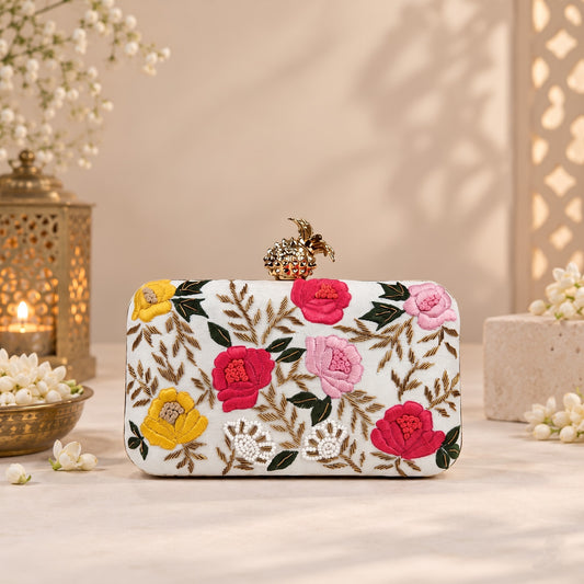 White Embroidered Floral Clutch