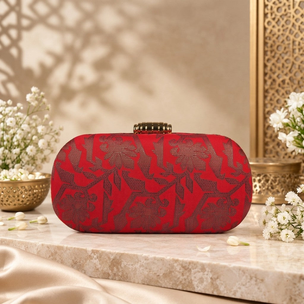 Red Brocade Floral Clutch