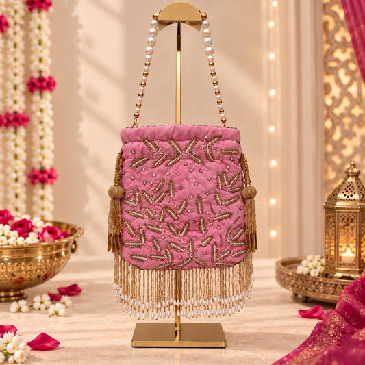 Pink Bead Embroidered Potli