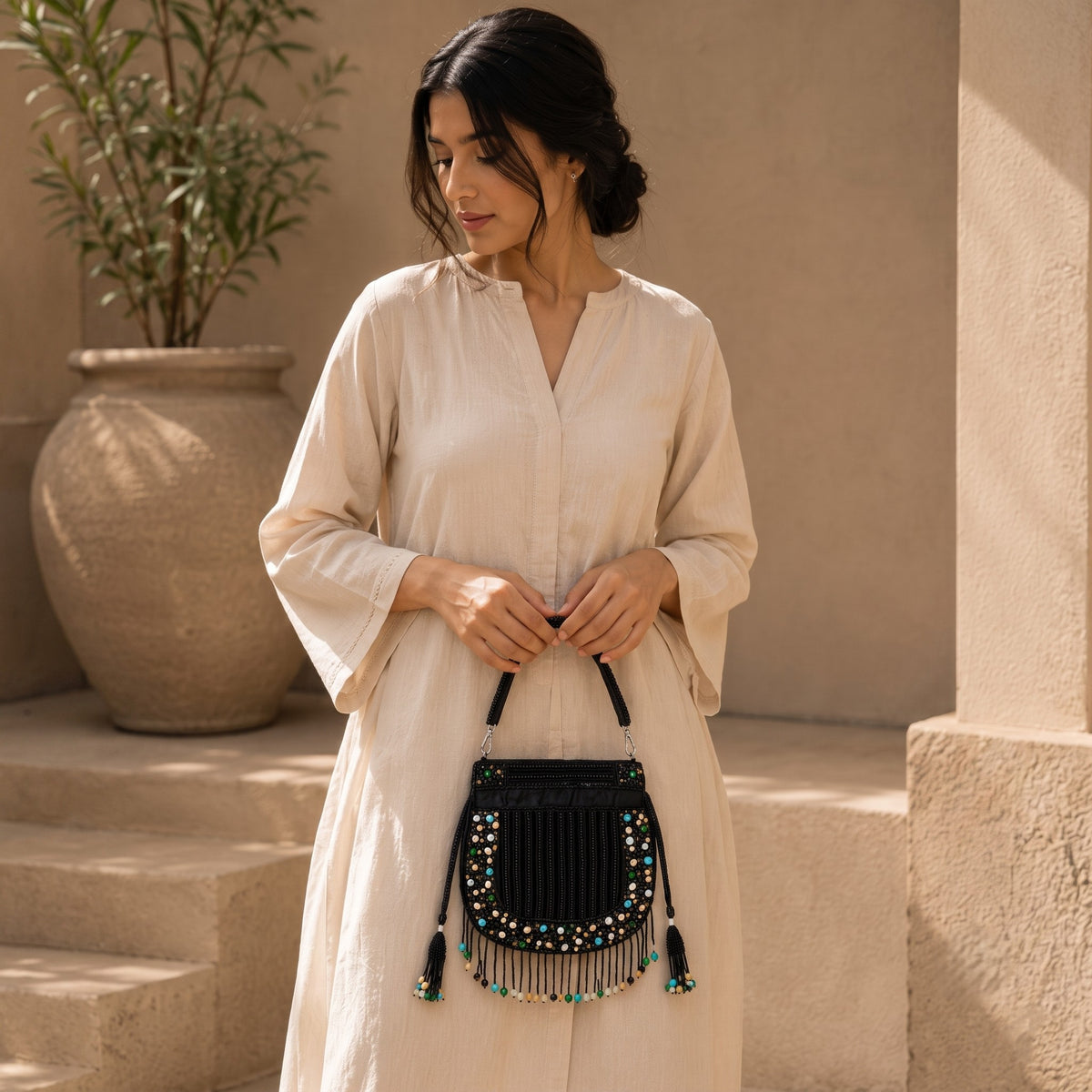 Noir Black Gemstone Fringe Potli