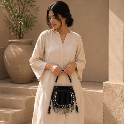 Noir Black Gemstone Fringe Potli