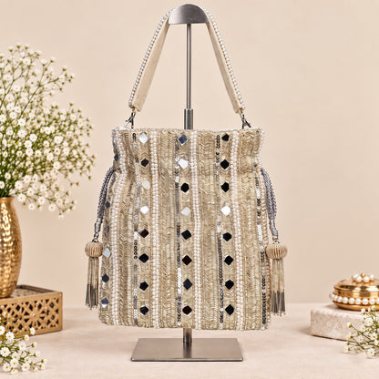 Silver Mirror Stripe Potli