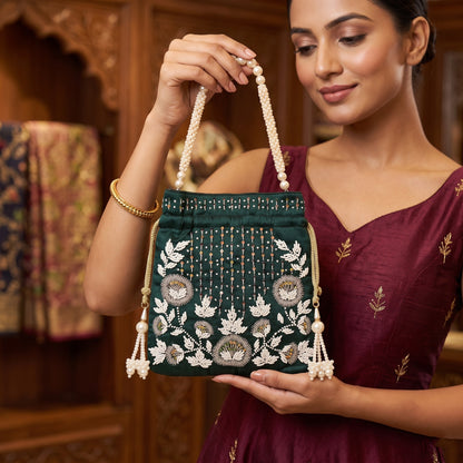 Emerald Green Pearl Blossom Potli