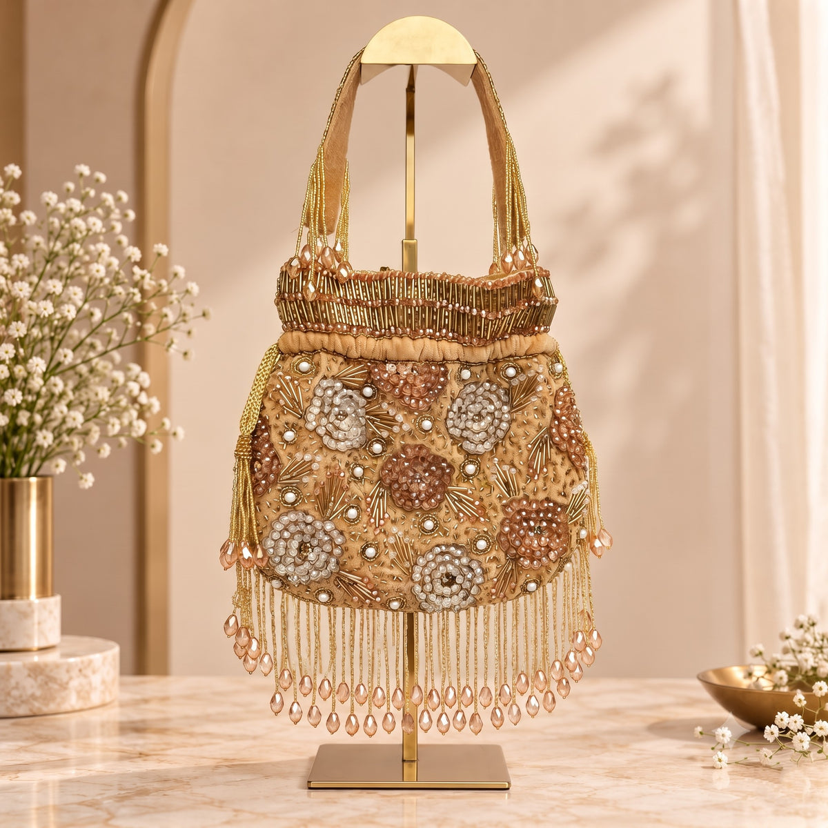 Golden Floral Beaded Bridal Potli