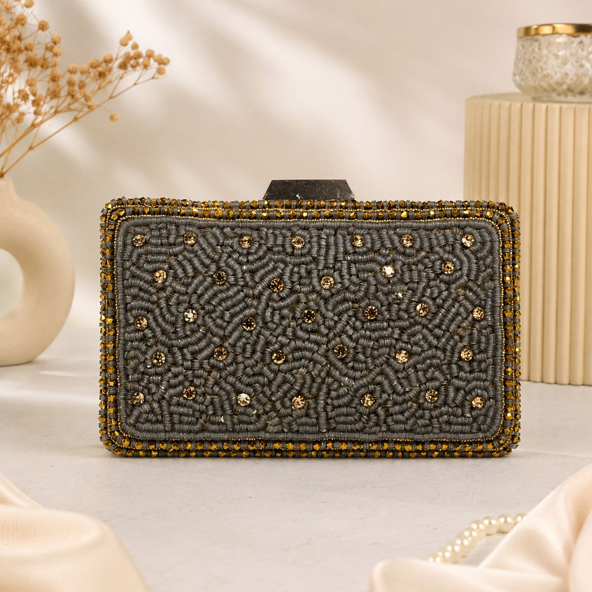 Brown Scatter Pearl Box Clutch