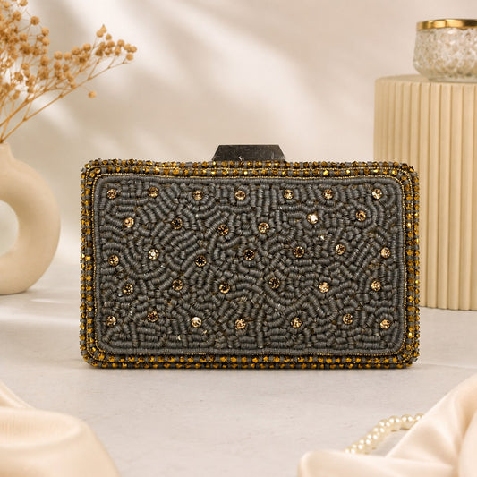 Brown Scatter Pearl Box Clutch