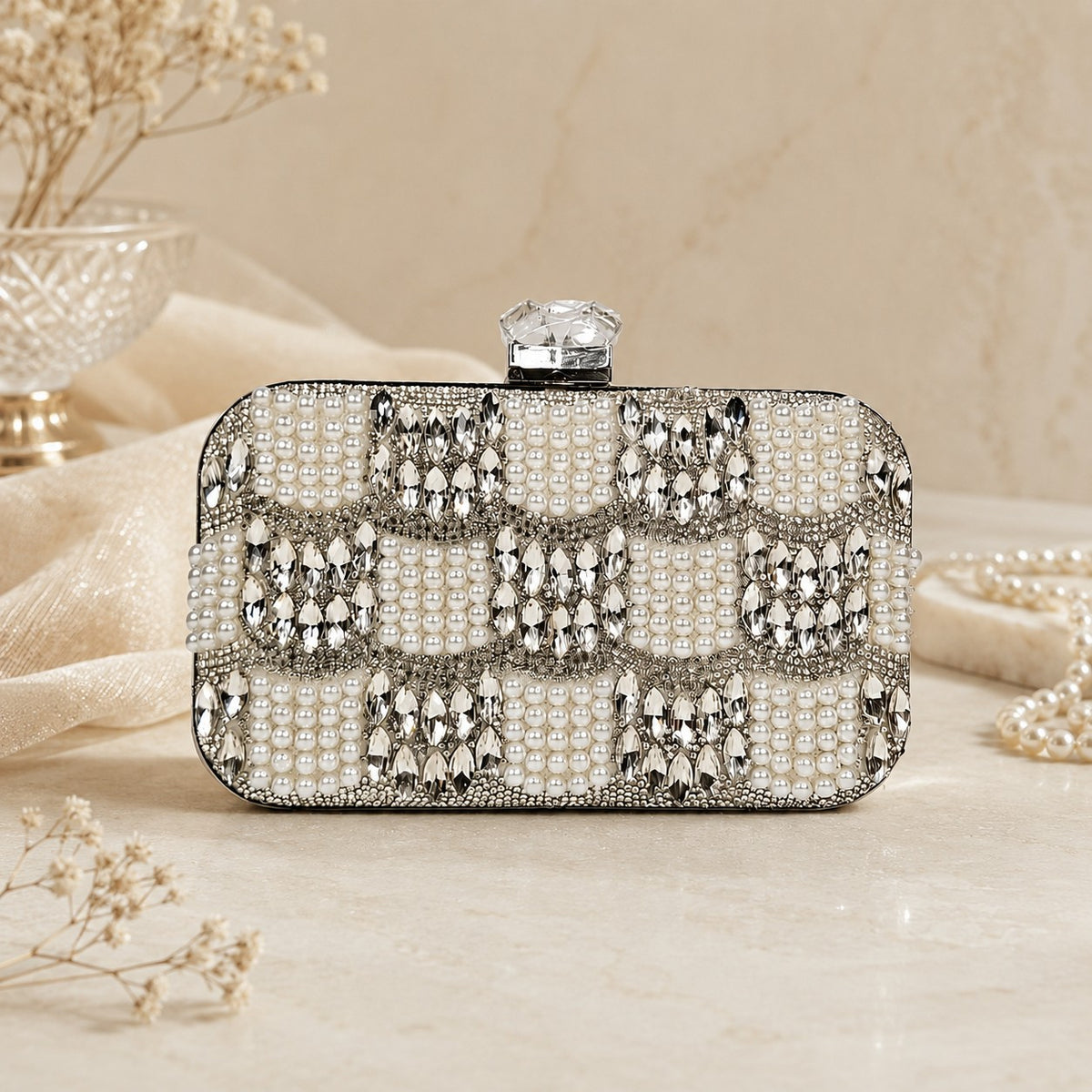 White and Silver Checkerboard Pearl Clutch