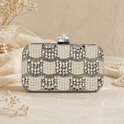 White and Silver Checkerboard Pearl Clutch