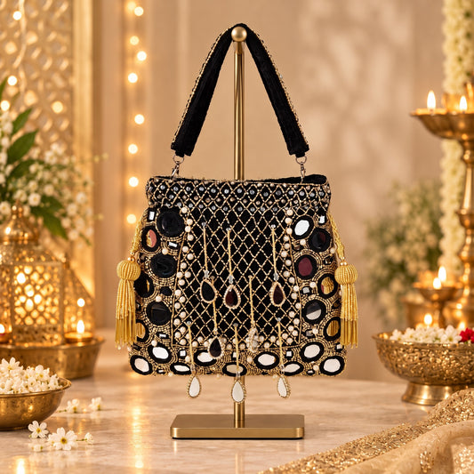 Luxurious Black and Gold Mirror work Potli