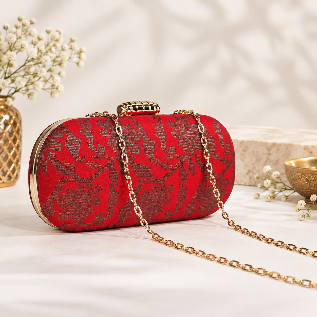 Red Brocade Floral Clutch