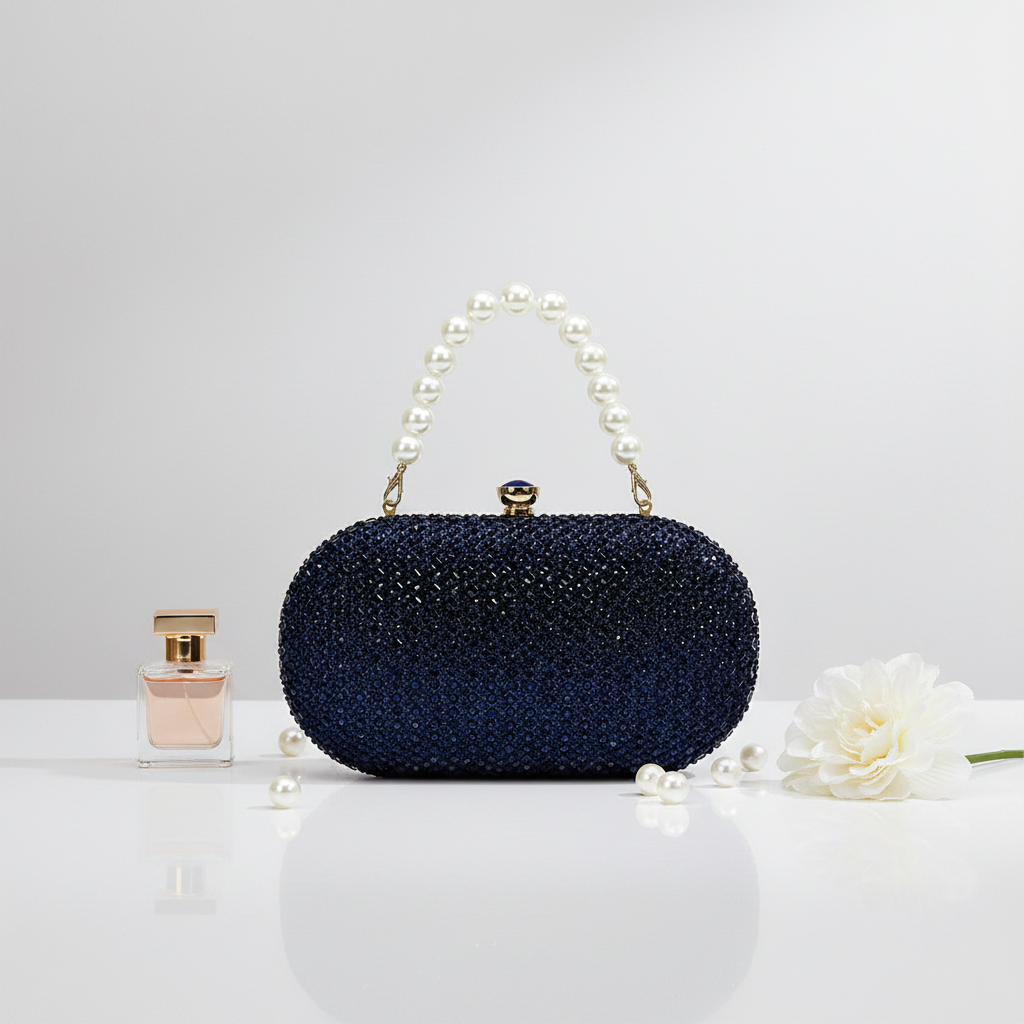 Noir Navy Blue Pearl Handle Clutch