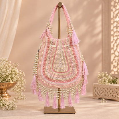 Ornate Pink Beaded Tassel Potli