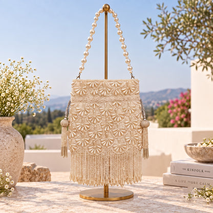 White Daisy Pearl Fringe Potli