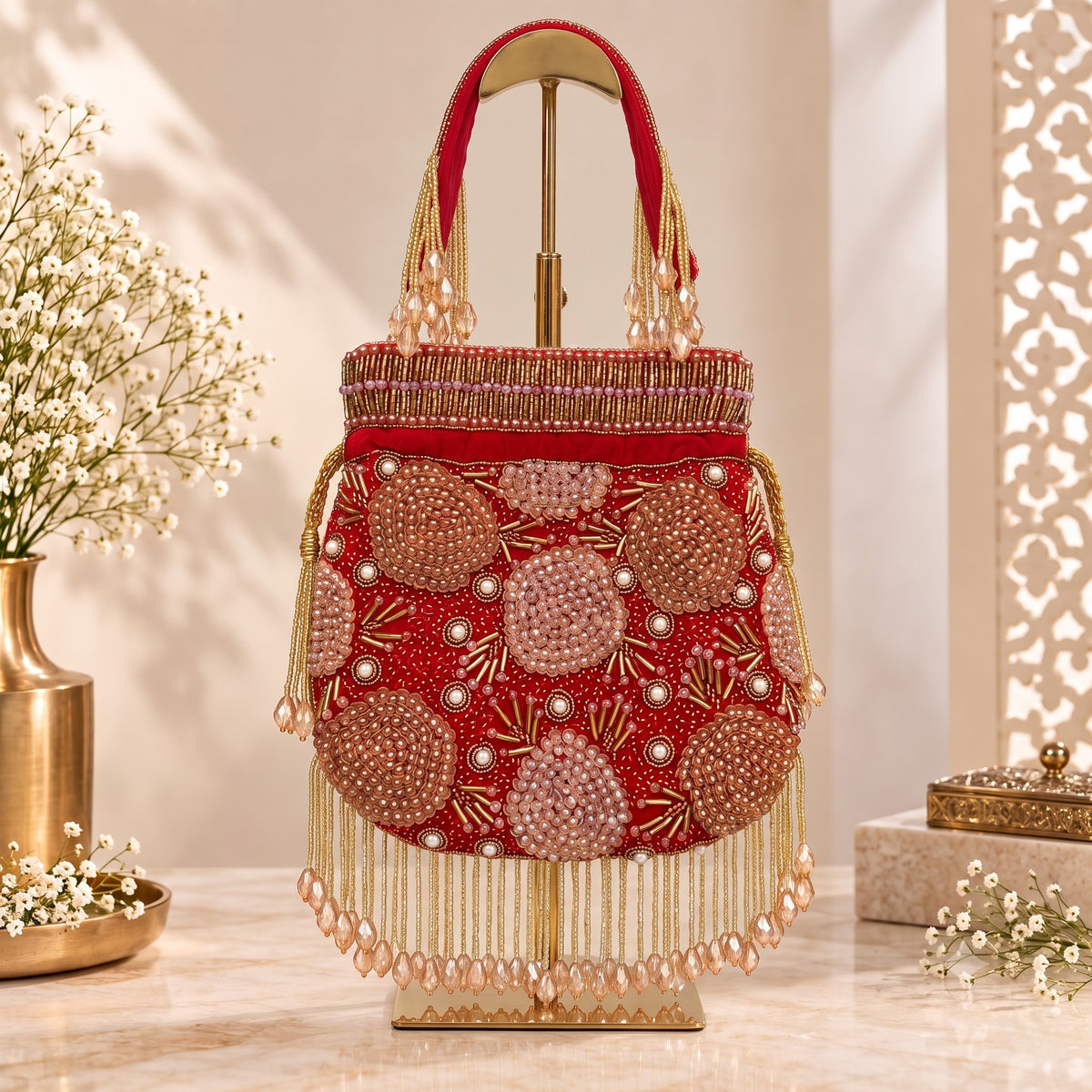 Red Floral Beaded Bridal potli