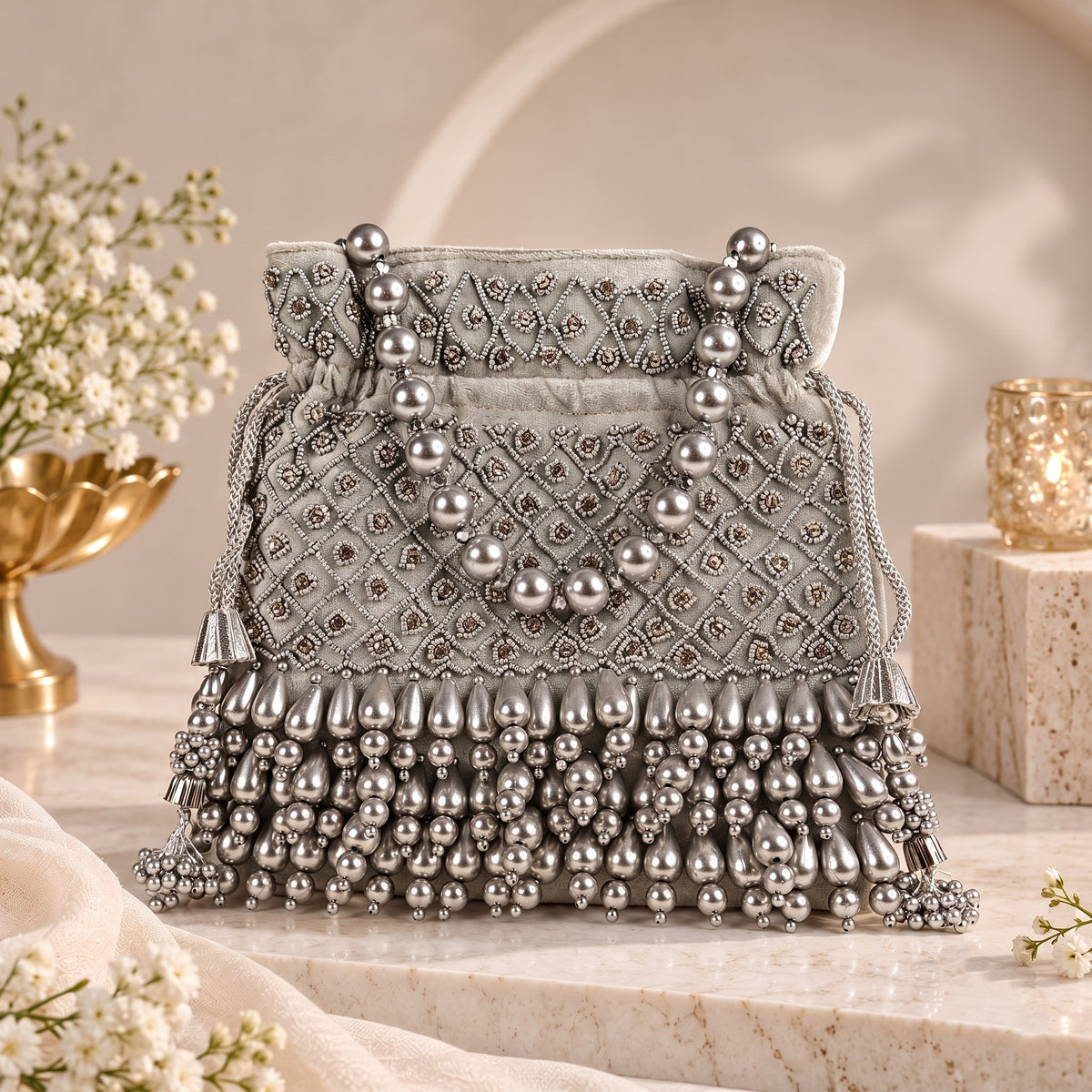 Silver Pearl Cascade Potli